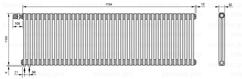 Схема (чертеж) Радиатор Zehnder Charleston 2110/39 №V001 Белый глянцевый RAL 9016